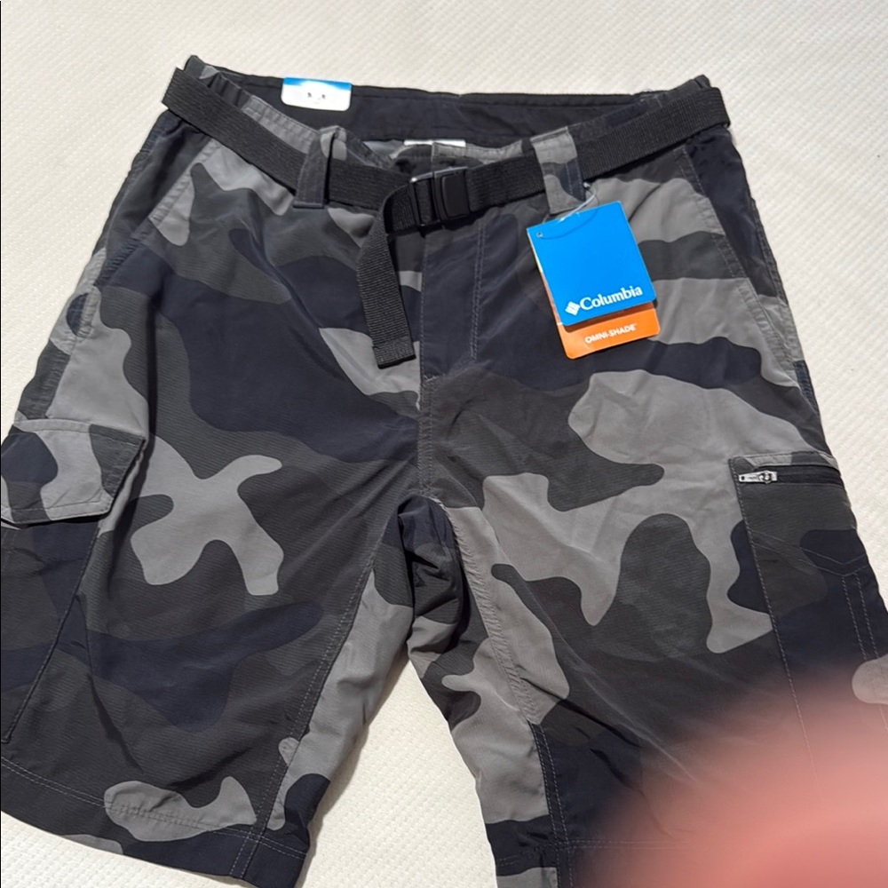 Columbia Black and Gray Cargo Shorts with Camo Design